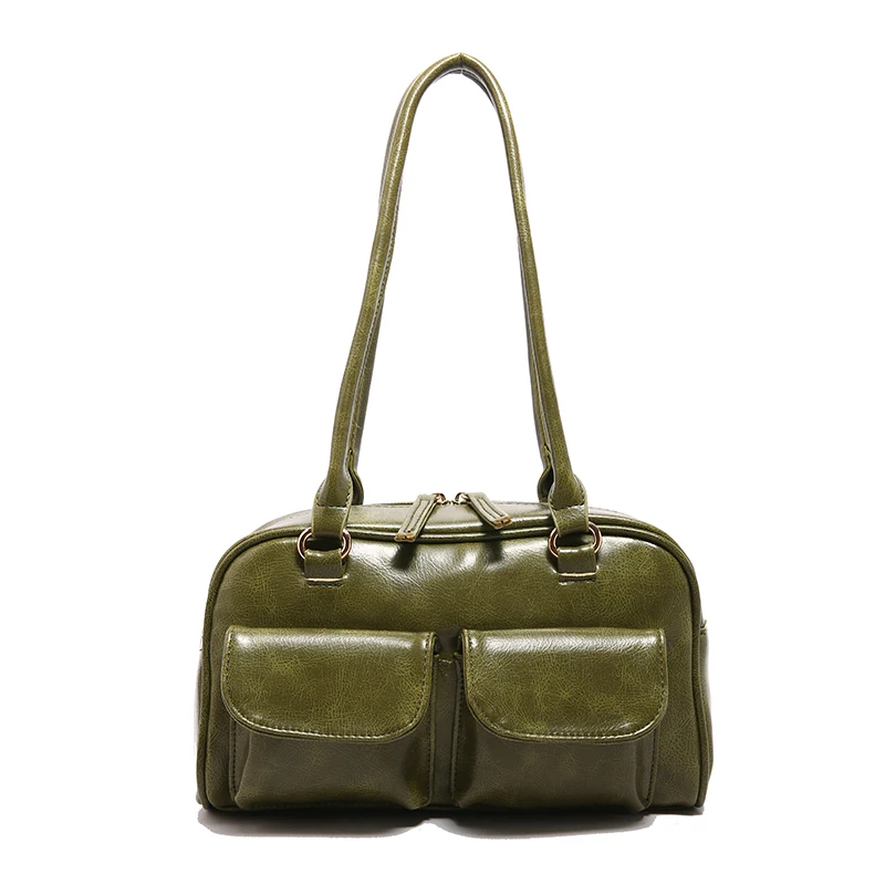 Vintage Women Business Shoulder Bags Simple Ladies Commute Tote Bag Pu Leather 2 Pocket Chic Female Underarm Hand Bag Handbags